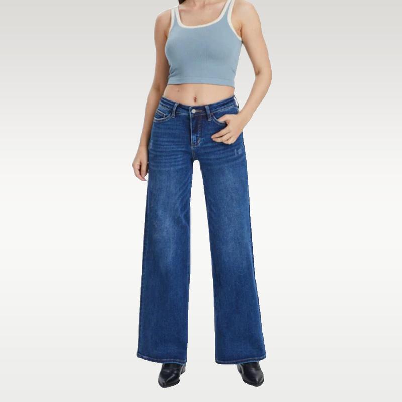 ONESO Plus Size Mid-low Rise Baggy Jeans Wide Leg for Women Distressed Pants Stretchy Light Blue/Dark Blue Womenswear Bottom 8001 Lady Basic Minimalist Comfortable Denim Tummy Control Curve Hugging