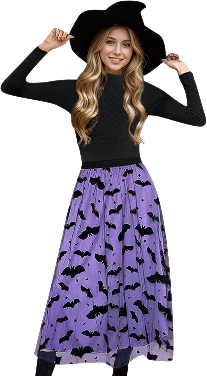 CHICWISH Women's Pumpkin Tulle Tutu Skirt Velvet Bats Elastic Waist Halloween Party Layered Mesh Midi Skirt Halloween Costume