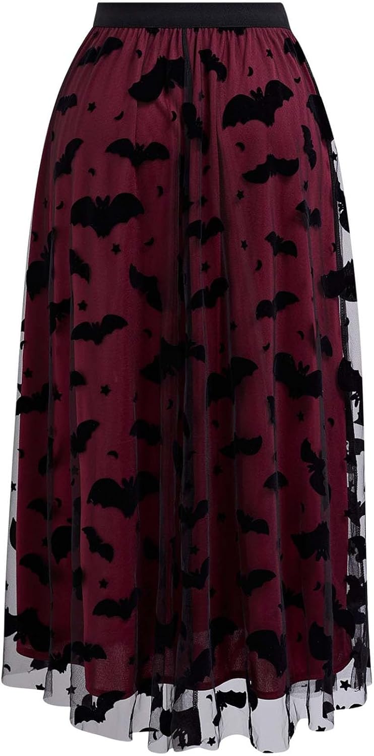 CHICWISH Women's Pumpkin Tulle Tutu Skirt Velvet Bats Elastic Waist Halloween Party Layered Mesh Midi Skirt Halloween Costume