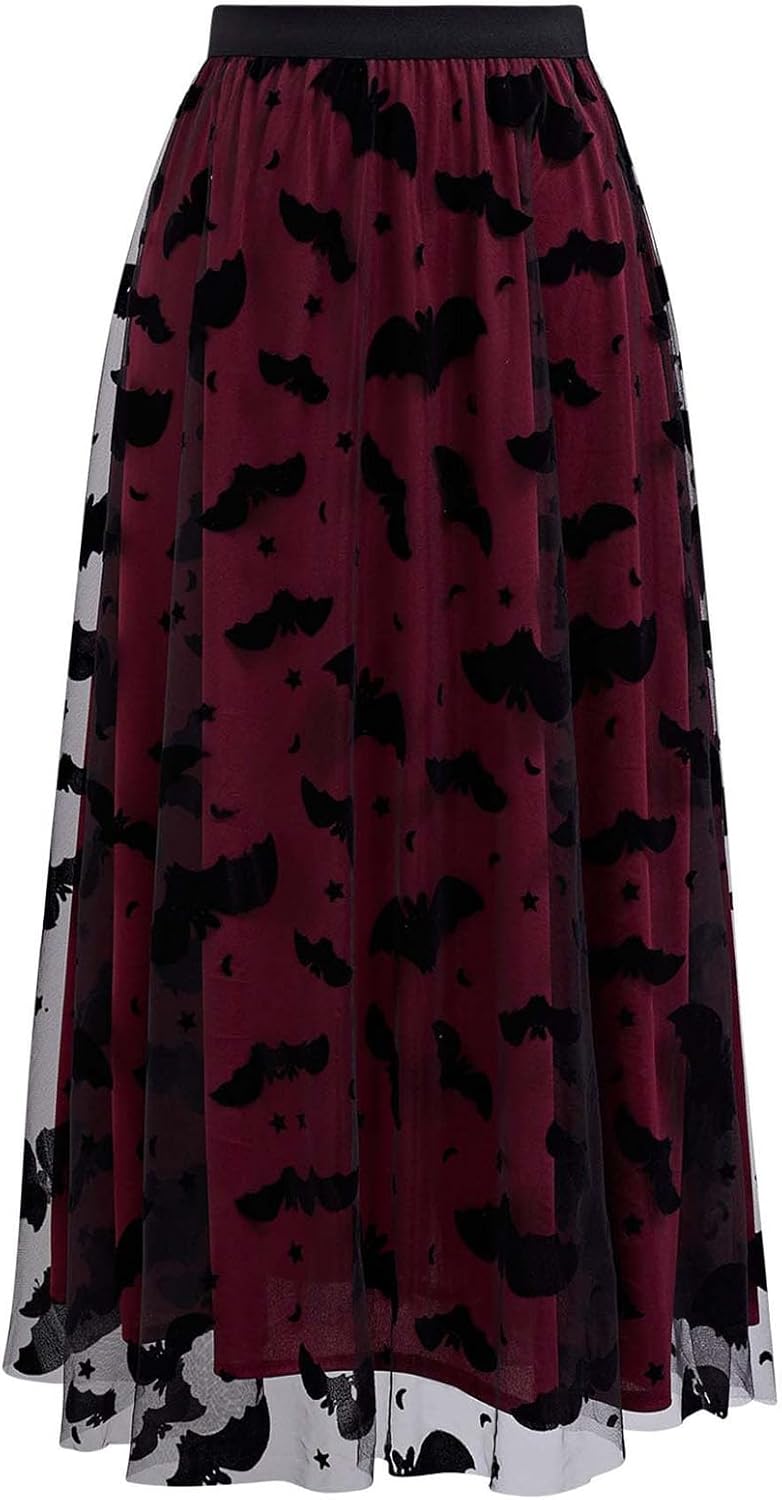 CHICWISH Women's Pumpkin Tulle Tutu Skirt Velvet Bats Elastic Waist Halloween Party Layered Mesh Midi Skirt Halloween Costume
