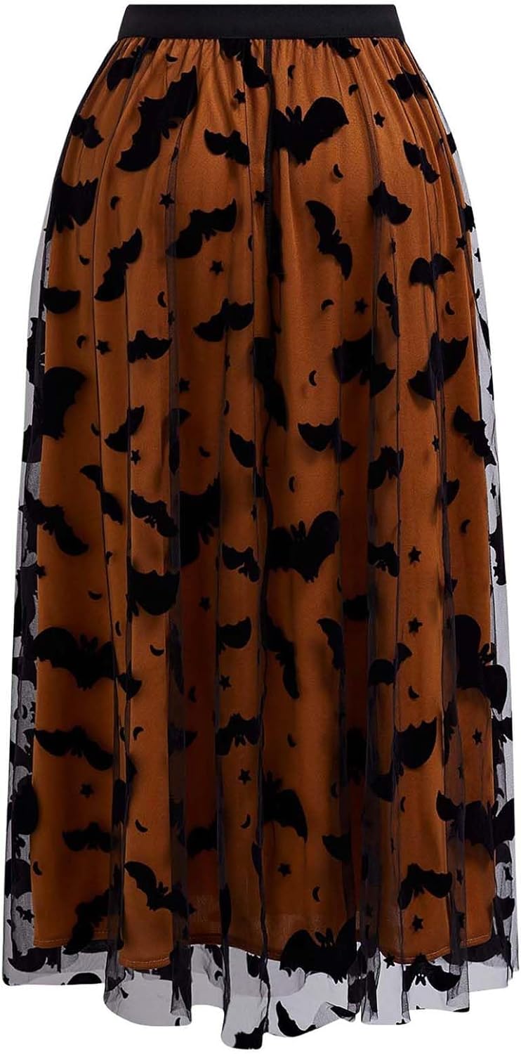 CHICWISH Women's Pumpkin Tulle Tutu Skirt Velvet Bats Elastic Waist Halloween Party Layered Mesh Midi Skirt Halloween Costume