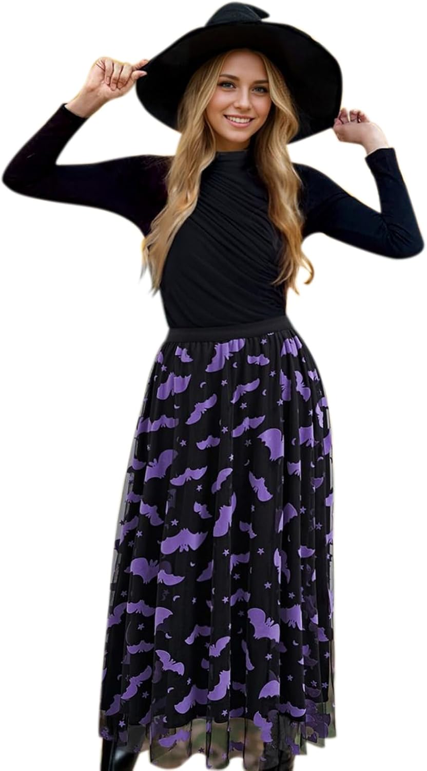 CHICWISH Women's Pumpkin Tulle Tutu Skirt Velvet Bats Elastic Waist Halloween Party Layered Mesh Midi Skirt Halloween Costume