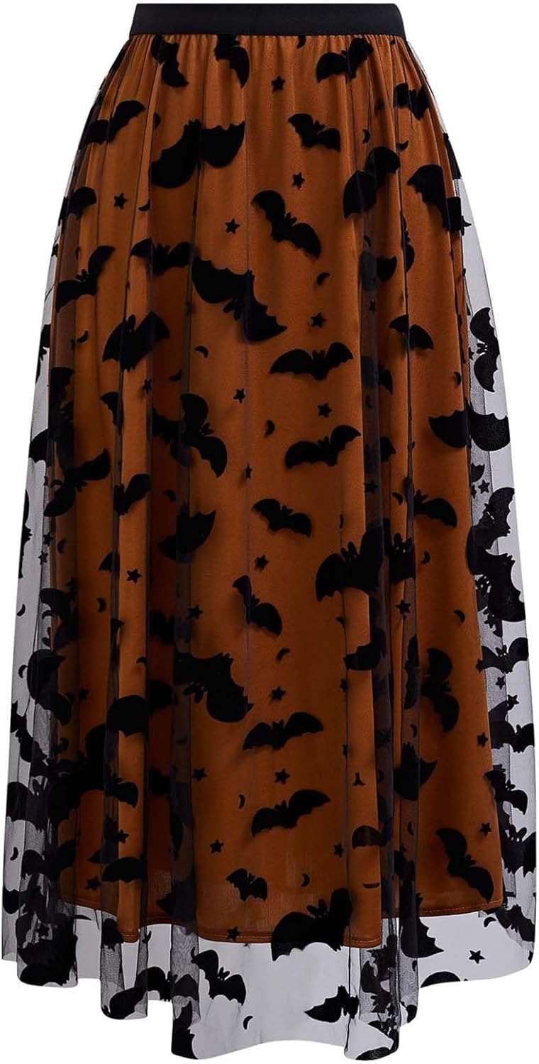 CHICWISH Women's Pumpkin Tulle Tutu Skirt Velvet Bats Elastic Waist Halloween Party Layered Mesh Midi Skirt Halloween Costume