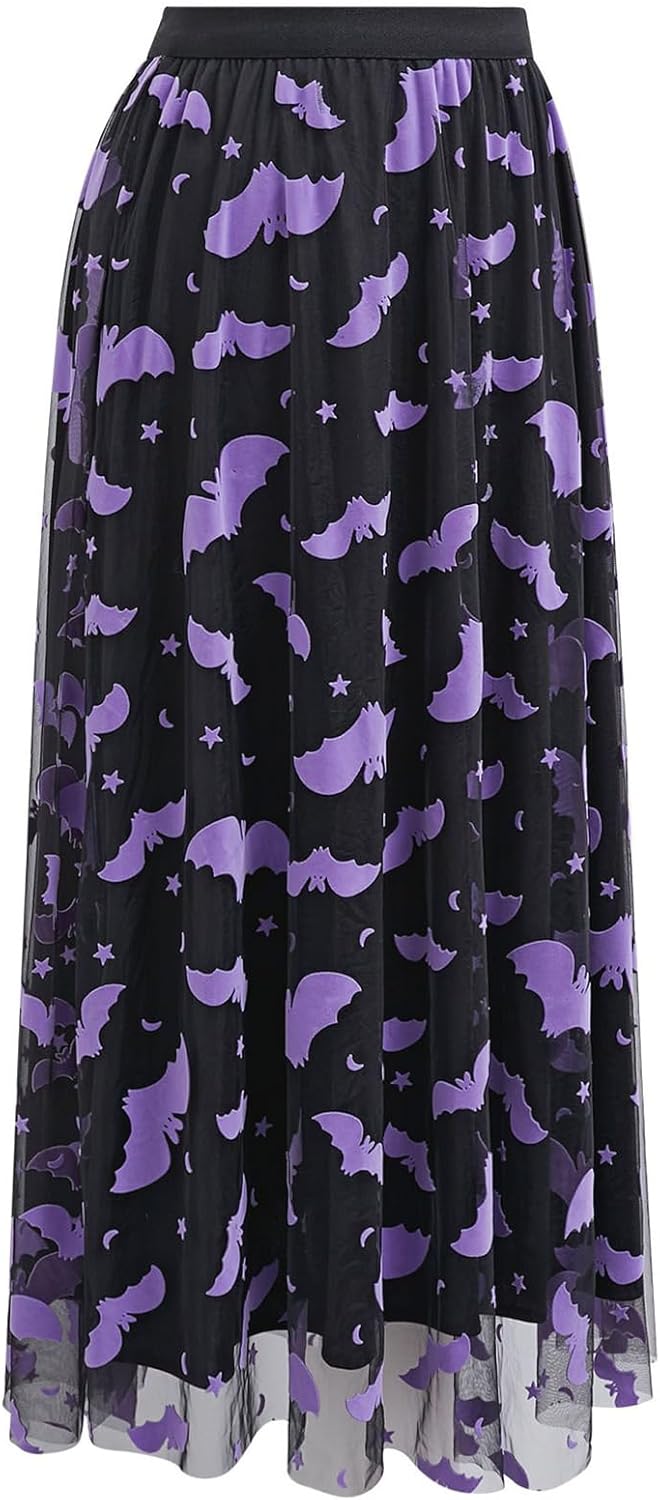 CHICWISH Women's Pumpkin Tulle Tutu Skirt Velvet Bats Elastic Waist Halloween Party Layered Mesh Midi Skirt Halloween Costume