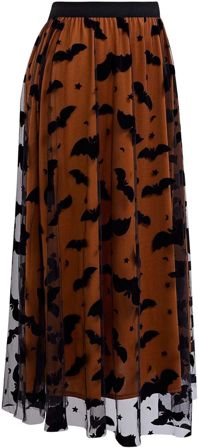 CHICWISH Women's Pumpkin Tulle Tutu Skirt Velvet Bats Elastic Waist Halloween Party Layered Mesh Midi Skirt Halloween Costume