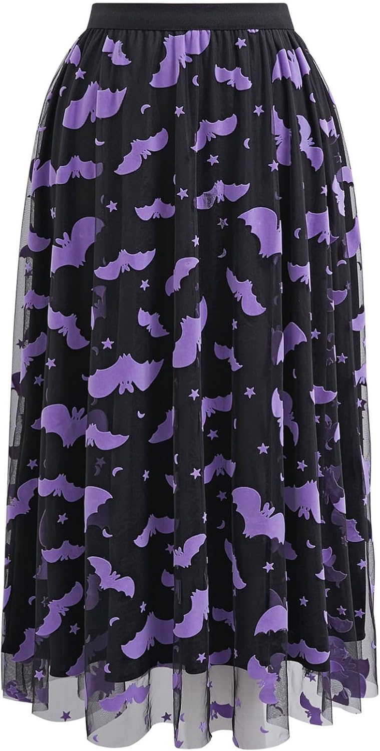 CHICWISH Women's Pumpkin Tulle Tutu Skirt Velvet Bats Elastic Waist Halloween Party Layered Mesh Midi Skirt Halloween Costume