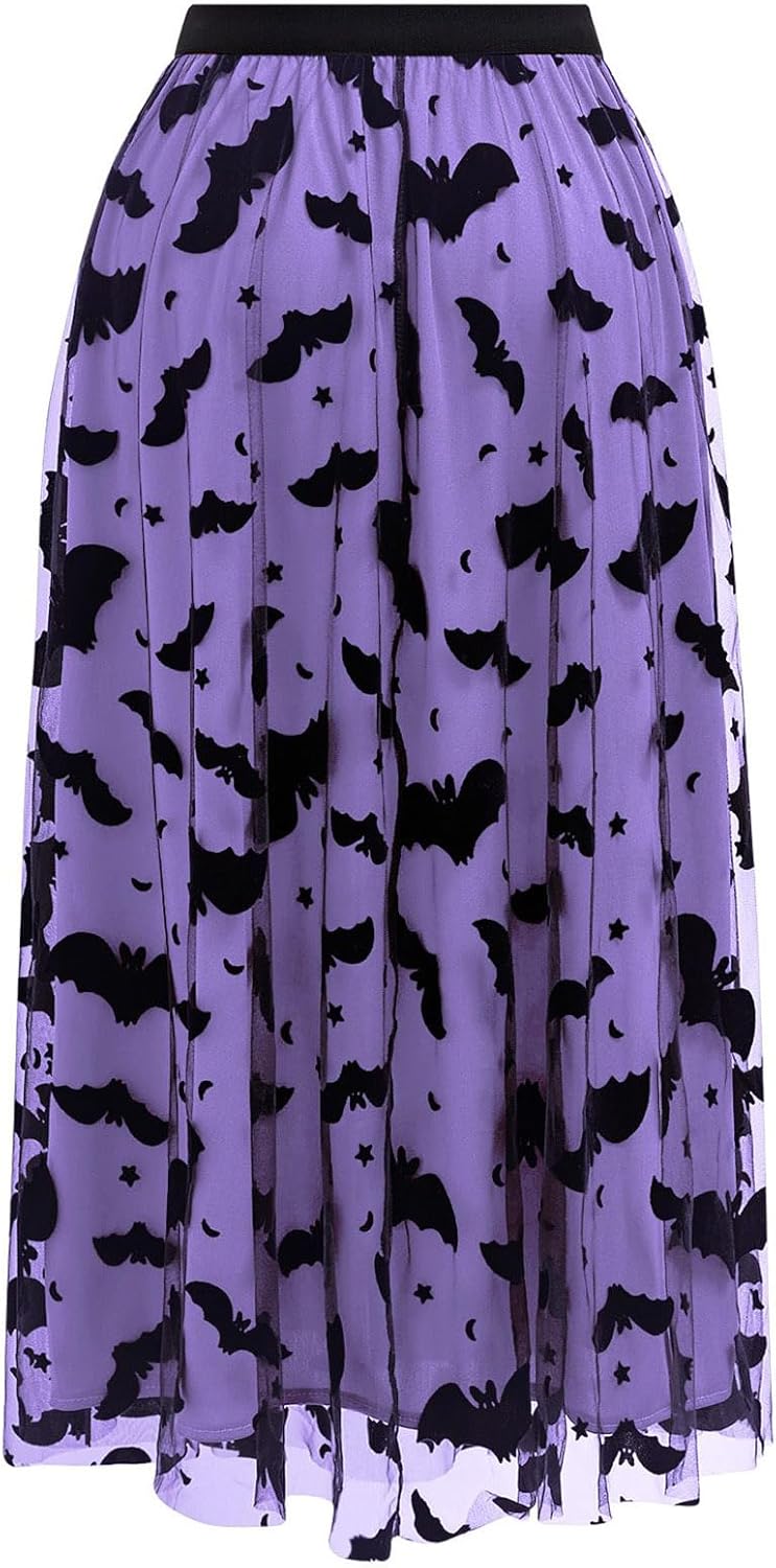 CHICWISH Women's Pumpkin Tulle Tutu Skirt Velvet Bats Elastic Waist Halloween Party Layered Mesh Midi Skirt Halloween Costume