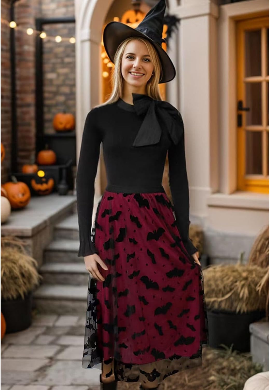 CHICWISH Women's Pumpkin Tulle Tutu Skirt Velvet Bats Elastic Waist Halloween Party Layered Mesh Midi Skirt Halloween Costume