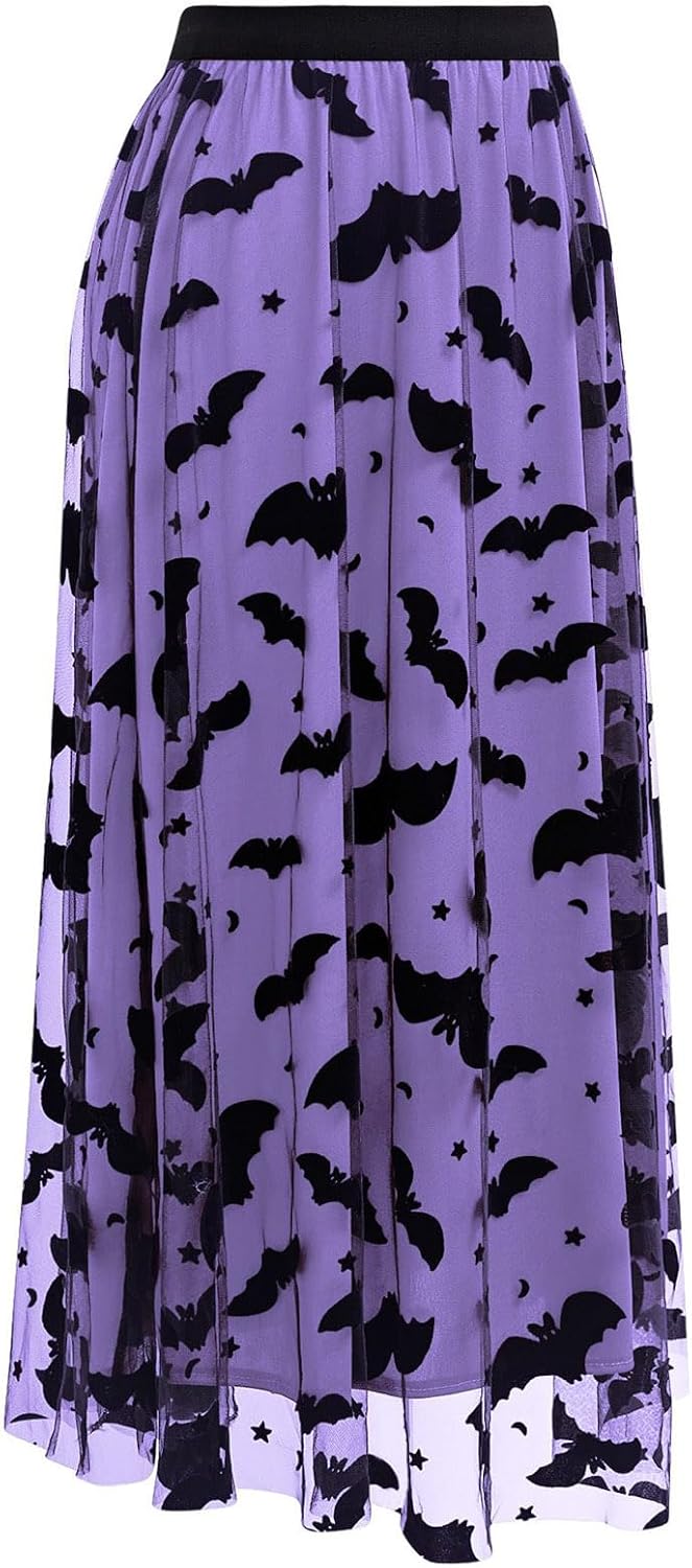 CHICWISH Women's Pumpkin Tulle Tutu Skirt Velvet Bats Elastic Waist Halloween Party Layered Mesh Midi Skirt Halloween Costume