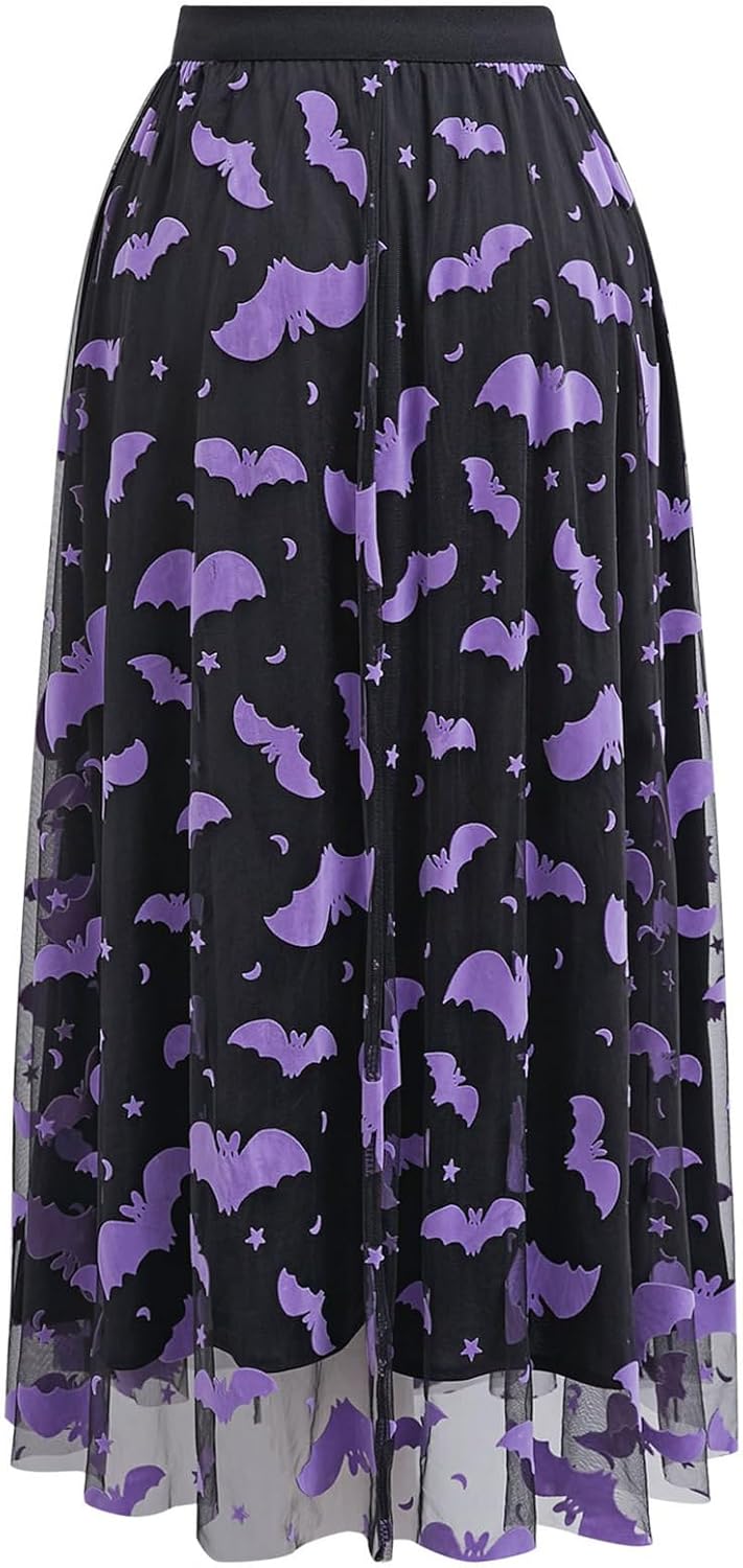 CHICWISH Women's Pumpkin Tulle Tutu Skirt Velvet Bats Elastic Waist Halloween Party Layered Mesh Midi Skirt Halloween Costume