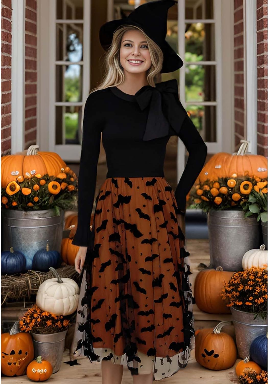 CHICWISH Women's Pumpkin Tulle Tutu Skirt Velvet Bats Elastic Waist Halloween Party Layered Mesh Midi Skirt Halloween Costume