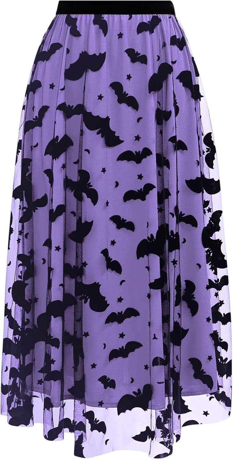 CHICWISH Women's Pumpkin Tulle Tutu Skirt Velvet Bats Elastic Waist Halloween Party Layered Mesh Midi Skirt Halloween Costume
