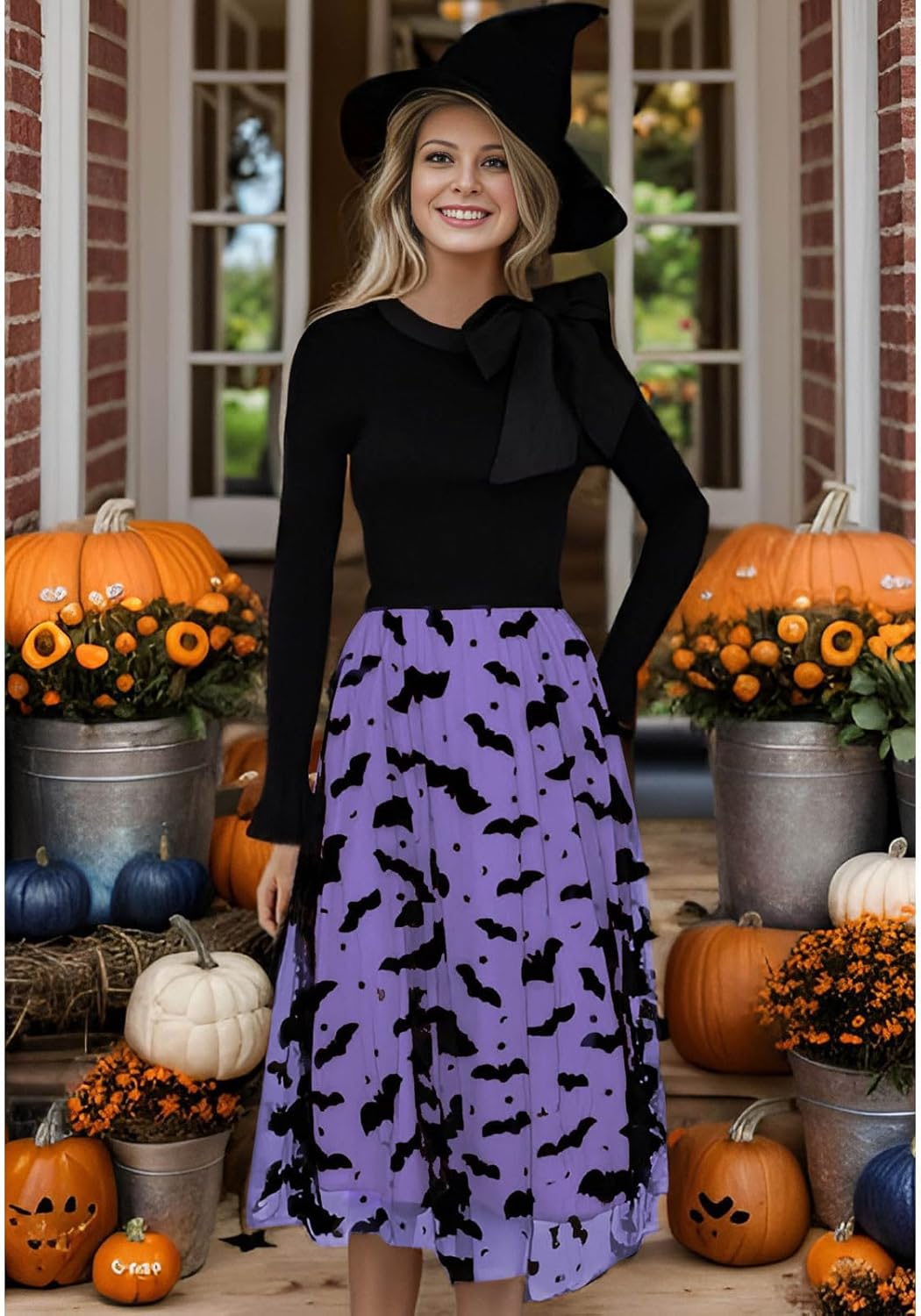 CHICWISH Women's Pumpkin Tulle Tutu Skirt Velvet Bats Elastic Waist Halloween Party Layered Mesh Midi Skirt Halloween Costume