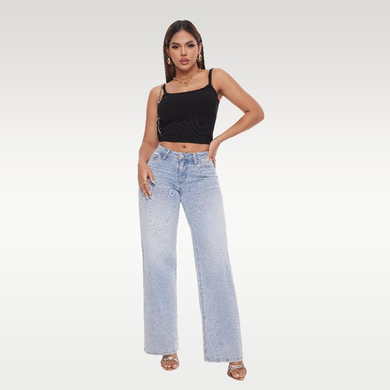 ONESO Plus Size Mid-low Rise Baggy Jeans Wide Leg for Women Distressed Pants Stretchy Light Blue/Dark Blue Womenswear Bottom 8001 Lady Basic Minimalist Comfortable Denim Tummy Control Curve Hugging