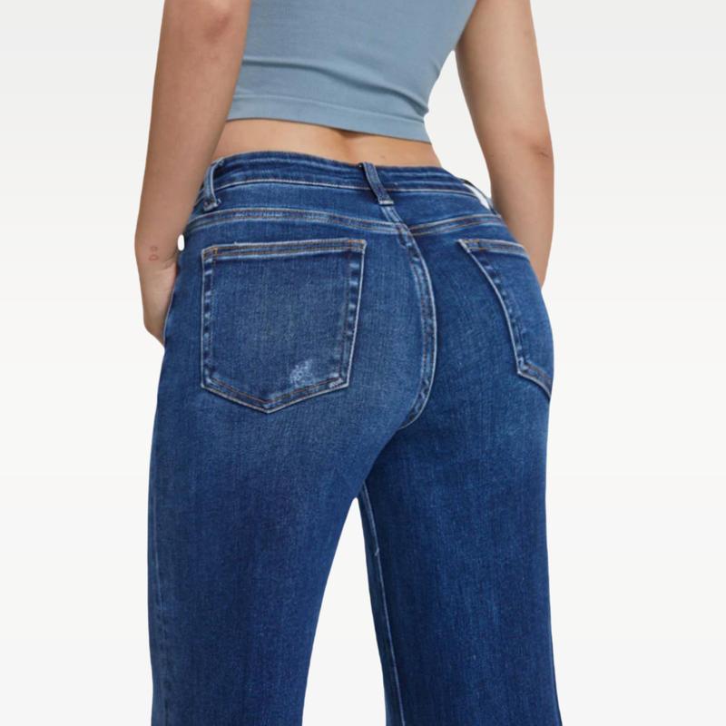 ONESO Plus Size Mid-low Rise Baggy Jeans Wide Leg for Women Distressed Pants Stretchy Light Blue/Dark Blue Womenswear Bottom 8001 Lady Basic Minimalist Comfortable Denim Tummy Control Curve Hugging