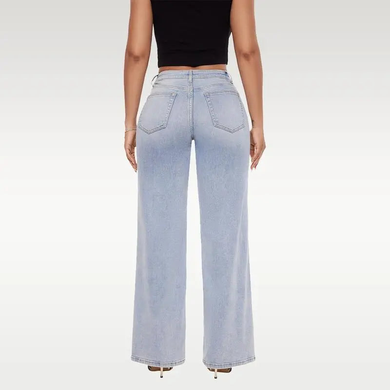 ONESO Plus Size Mid-low Rise Baggy Jeans Wide Leg for Women Distressed Pants Stretchy Light Blue/Dark Blue Womenswear Bottom 8001 Lady Basic Minimalist Comfortable Denim Tummy Control Curve Hugging