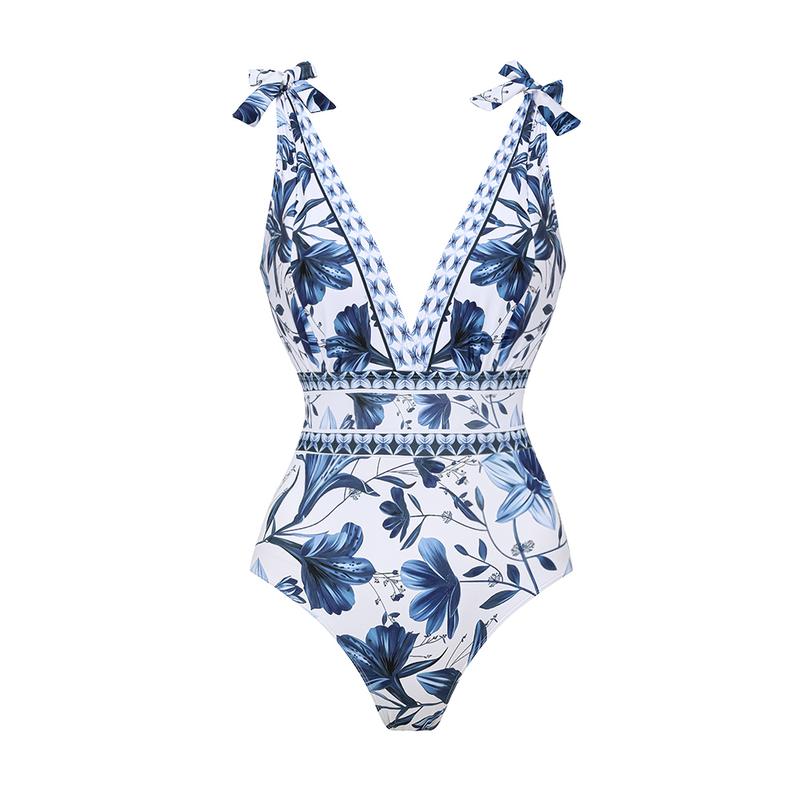 FLAXMAKER Women's V Neck Blue Print One-Piece Swimsuit and Matching Cover Skirt Set Summer Swimdress Swimming White
