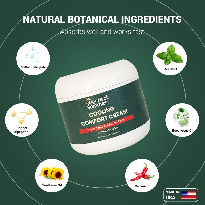 Perfect Summer Joint Relief Cream High Menthol Relief Cream - Soothes Knees, Lumbar Spine, Neck, Hands and Feet 4 oz; Contains Menthol, Camphor, Copper Tripeptide-01, Capsaicin, Clove Oil and Sunflower Seed Oil