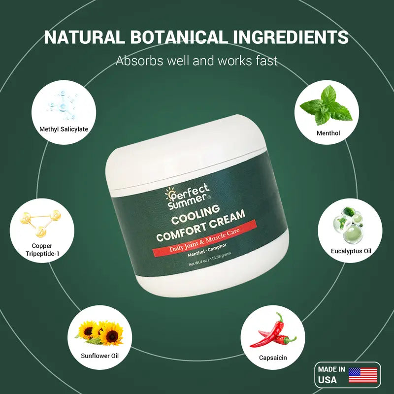 Perfect Summer Joint Relief Cream High Menthol Relief Cream - Soothes Knees, Lumbar Spine, Neck, Hands and Feet 4 oz; Contains Menthol, Camphor, Copper Tripeptide-01, Capsaicin, Clove Oil and Sunflower Seed Oil