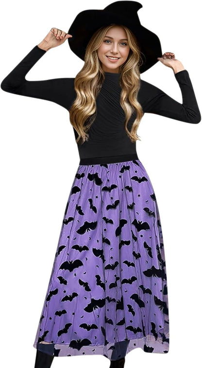 CHICWISH Women's Pumpkin Tulle Tutu Skirt Velvet Bats Elastic Waist Halloween Party Layered Mesh Midi Skirt Halloween Costume