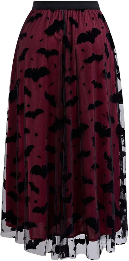 CHICWISH Women's Pumpkin Tulle Tutu Skirt Velvet Bats Elastic Waist Halloween Party Layered Mesh Midi Skirt Halloween Costume