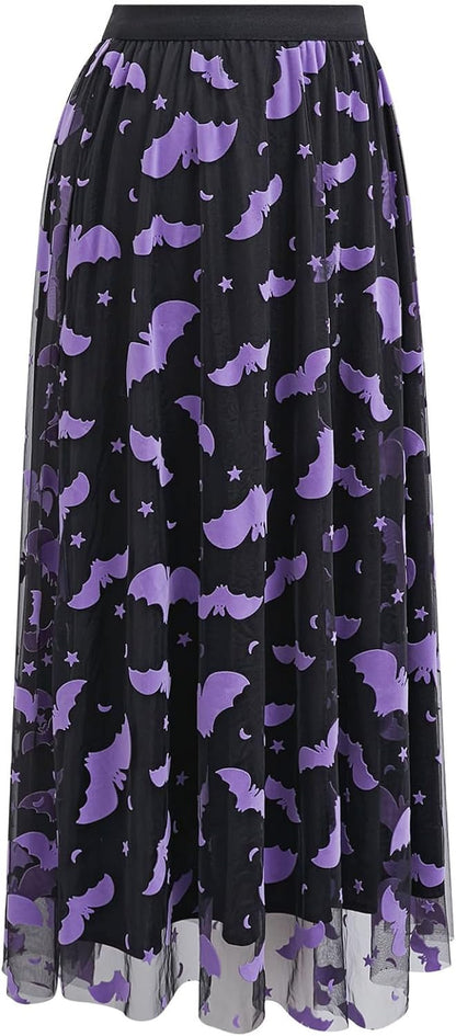 CHICWISH Women's Pumpkin Tulle Tutu Skirt Velvet Bats Elastic Waist Halloween Party Layered Mesh Midi Skirt Halloween Costume
