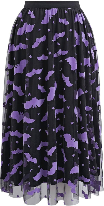 CHICWISH Women's Pumpkin Tulle Tutu Skirt Velvet Bats Elastic Waist Halloween Party Layered Mesh Midi Skirt Halloween Costume