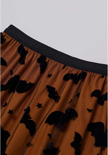CHICWISH Women's Pumpkin Tulle Tutu Skirt Velvet Bats Elastic Waist Halloween Party Layered Mesh Midi Skirt Halloween Costume