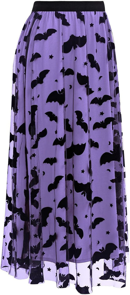 CHICWISH Women's Pumpkin Tulle Tutu Skirt Velvet Bats Elastic Waist Halloween Party Layered Mesh Midi Skirt Halloween Costume