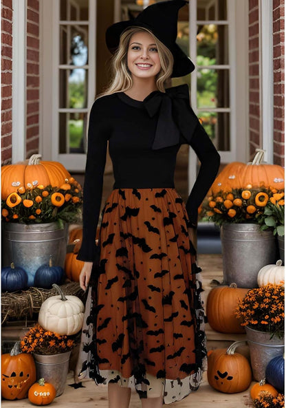 CHICWISH Women's Pumpkin Tulle Tutu Skirt Velvet Bats Elastic Waist Halloween Party Layered Mesh Midi Skirt Halloween Costume