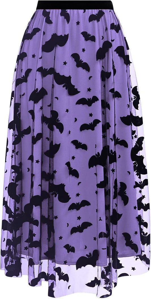 CHICWISH Women's Pumpkin Tulle Tutu Skirt Velvet Bats Elastic Waist Halloween Party Layered Mesh Midi Skirt Halloween Costume