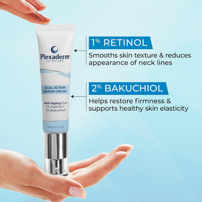 Plexaderm Dual Action Repair 1% Retinol Neck Cream. Anti Aging Cream with Retinol, Bakuchiol, and Hyaluronic Acid to Fight Wrinkles, Neck Lines and Crepey Skin, 1 fl. oz.