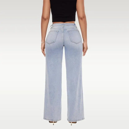 ONESO Plus Size Mid-low Rise Baggy Jeans Wide Leg for Women Distressed Pants Stretchy Light Blue/Dark Blue Womenswear Bottom 8001 Lady Basic Minimalist Comfortable Denim Tummy Control Curve Hugging