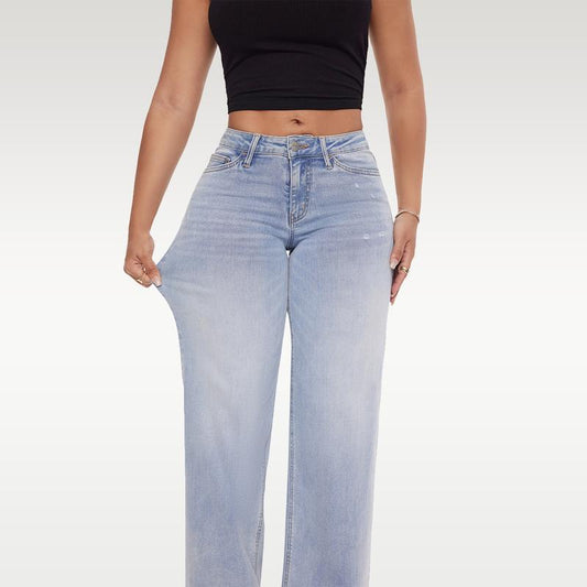 ONESO Plus Size Mid-low Rise Baggy Jeans Wide Leg for Women Distressed Pants Stretchy Light Blue/Dark Blue Womenswear Bottom 8001 Lady Basic Minimalist Comfortable Denim Tummy Control Curve Hugging